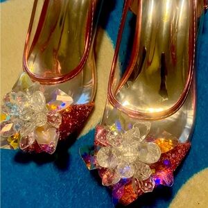 3 girl dress shoes plastic in the middle clear flower with pink glitter